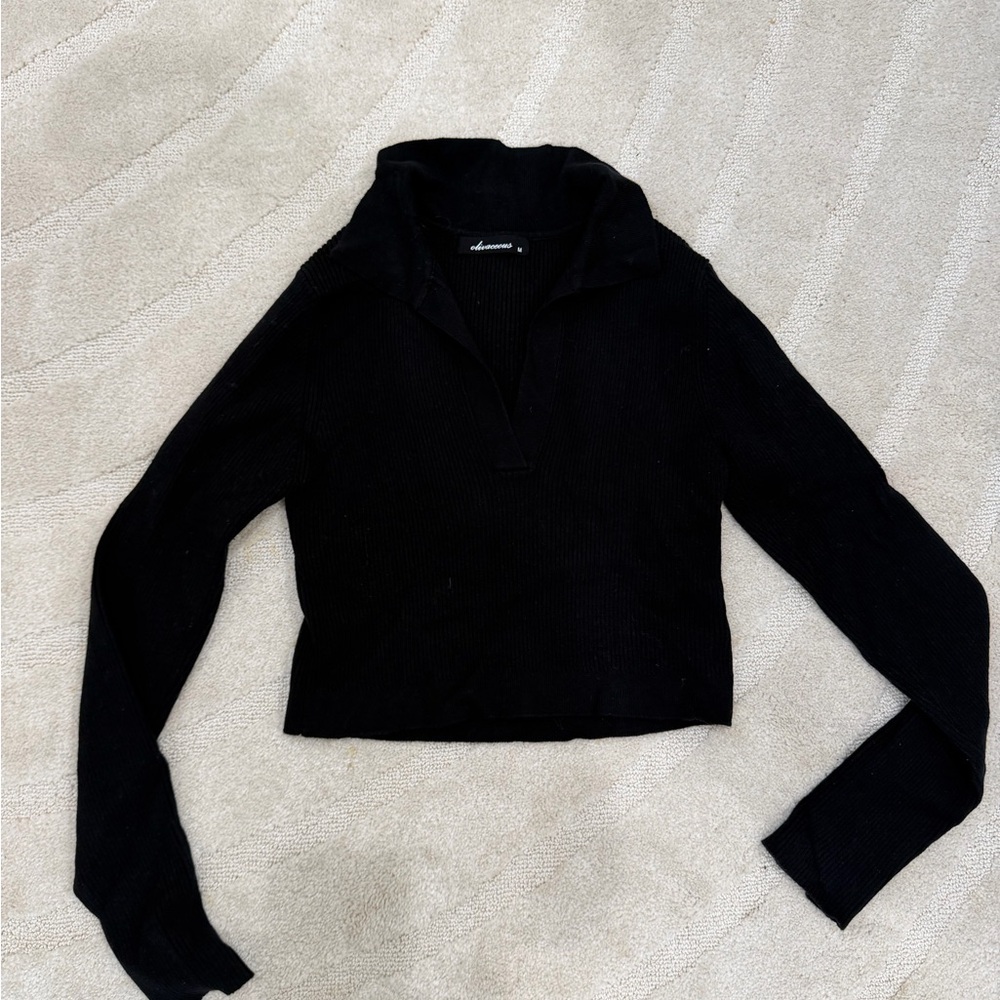 Olivaceous Black Ribbed Polo Crop Top